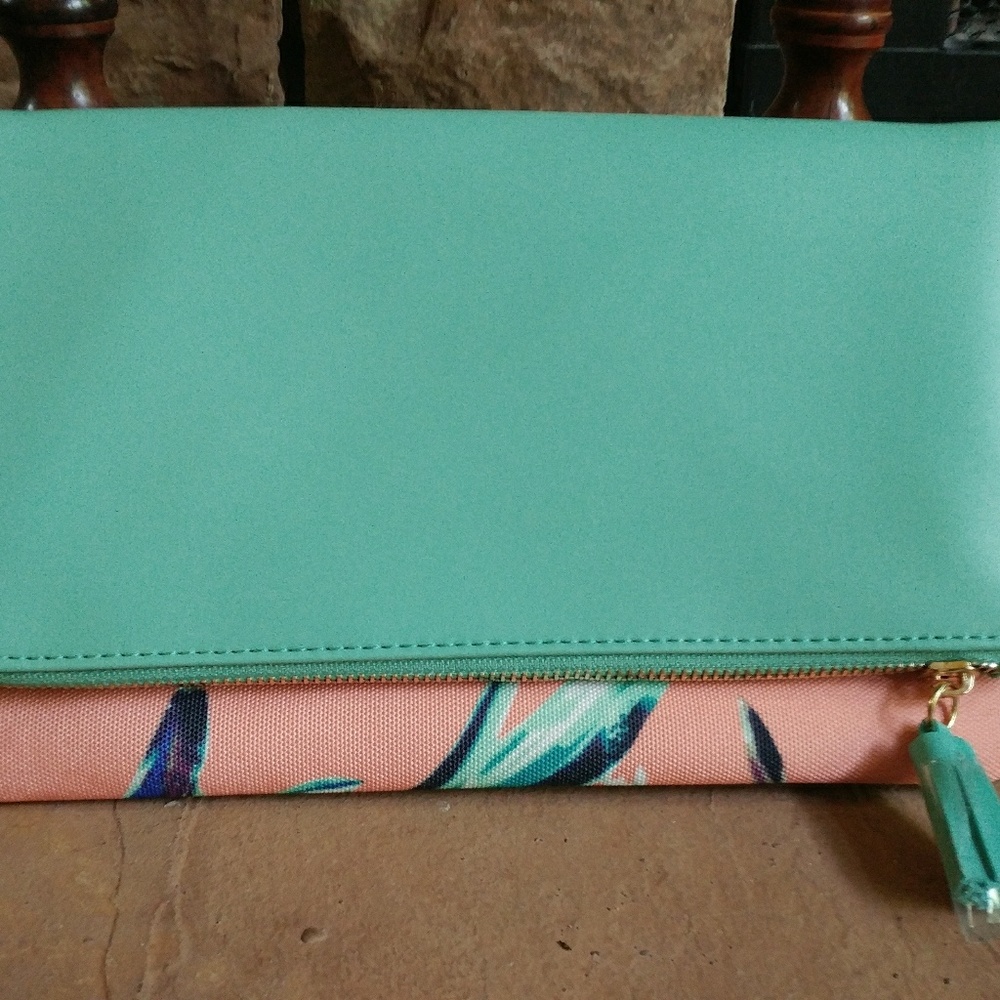 Rachel Pally peach/ green clutch